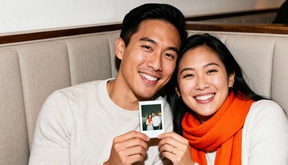 Happy young Asian couple smiling while holding an instant photo. Romantic partners on a date cherishing a memory together