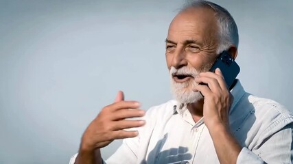 An older gentleman, with a silver beard, engages in a heartfelt phone conversation, his expression a mix of attentiveness and warmth, captured against a serene backdrop.