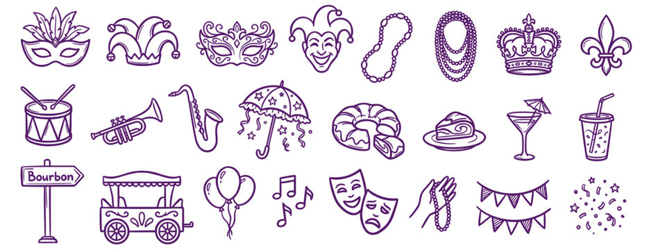 Mardi Gras icons, doodle set with masks, beads, instruments, and king cake for carnival celebrations and party themes