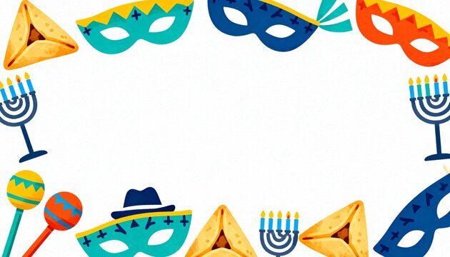 Purim Jewish holiday frame with hamantaschen and masks. Festive celebration background with traditional symbols like menorah and grogger. Copy space for text
