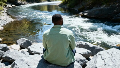 A man seen from behind sitting on rocks and contemplating a flowing river. Solitude and relaxation in a natural landscape. Black person enjoying the outdoors