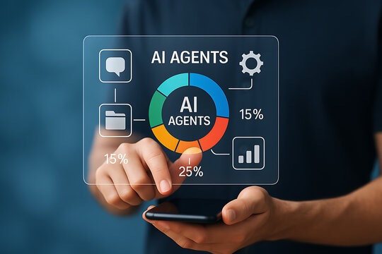 Hand interacting with futuristic AI agents dashboard on mobile device showing digital chart visualization and automation - Powered by Adobe