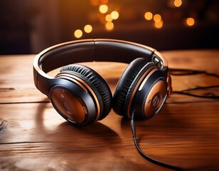 high fidelity audio headphones elegantly resting on warm wooden desk surface enhancing listening experience
