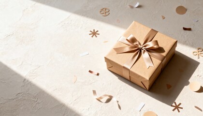 Gift box wrapped in kraft paper with satin ribbon and confetti. Flat lay background for Purim or birthday celebration. Copy space for text