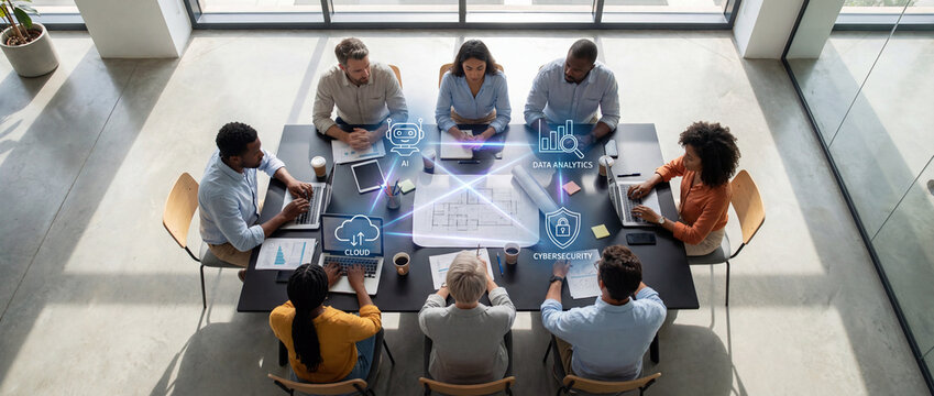 Teamwork Harmony in the Digital Age: An overhead view of a modern business meeting, where a diverse group of professionals are collaborating around a conference table with digital icons overlayed. - Powered by Adobe