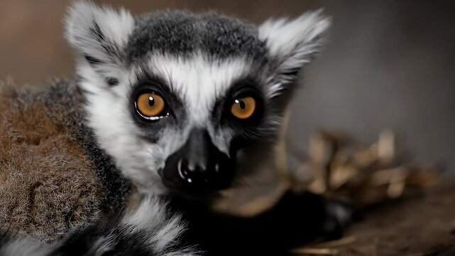 Ring-tailed lemur resting on a log, close-up shot, looking at the camera.