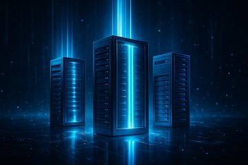 High technology data center with server towers illuminated in neon lights symbolizing hosting storage processing computing and connectivity