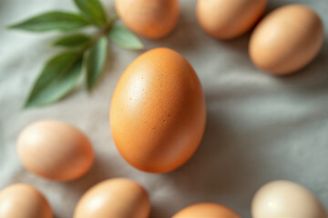 Close up of a brown chicken egg with selective focus. Fresh organic eggs on a textured background with green leaves. Easter and healthy food concept