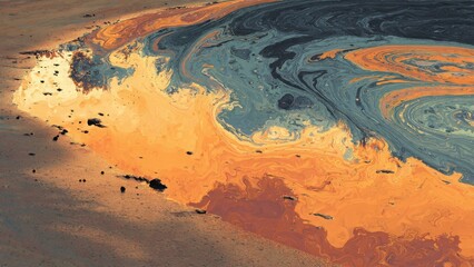 Oil Spill Abstract: Abstract image of an oil spill, with vibrant colors spreading across the water, it conveys the devastating effects of pollution on the environment.
