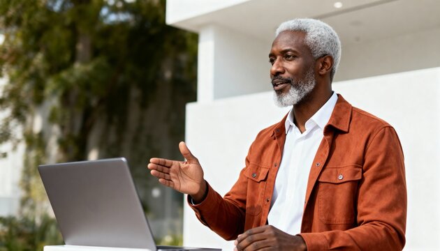 Mature Black man with gray hair using laptop for video call. Professional senior male gesturing during online meeting outdoors. Remote work and business communication concept - Powered by Adobe