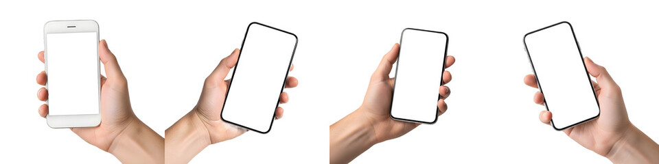 set collection hand with smart phone blank white screen isolated on white background PNG file..