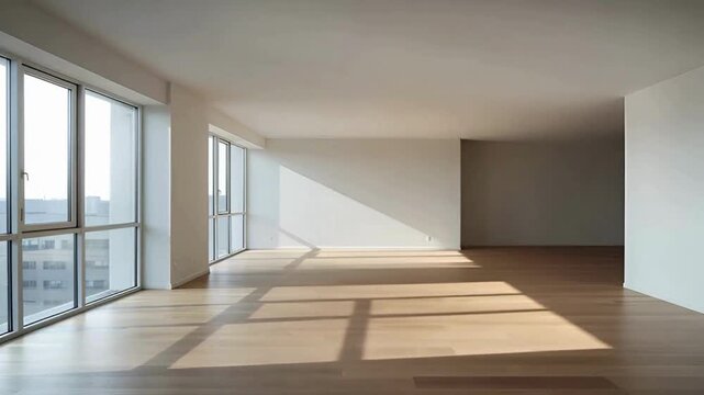 An interior view of a modern apartment or office space, bathed in natural light. Featuring clean lines and expansive windows, creating a sense of openness and serenity.