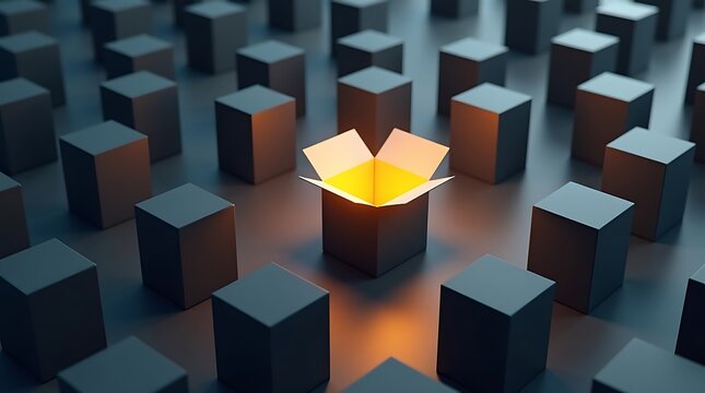 A single glowing open box among many dark closed boxes