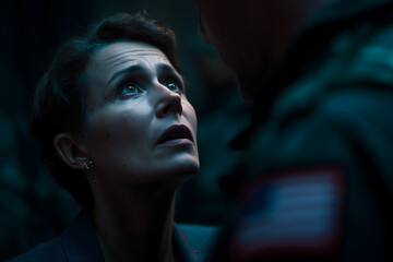 Two characters converse in darkness