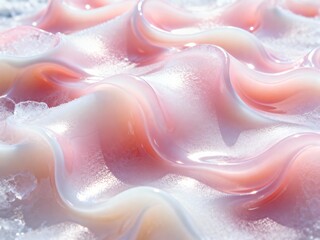 Abstract pink jelly texture background with glossy waves. Macro close-up of soft pastel liquid slime or cosmetic cream surface. Sweet dessert frosting or sorbet pattern