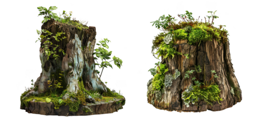 Two realistic tree stumps covered in lush greenery and moss on transparent background