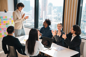 Fototapeta premium Creative business team meeting with professionals discussing project strategy, presenting ideas on board, teamwork collaboration concept in modern office environment