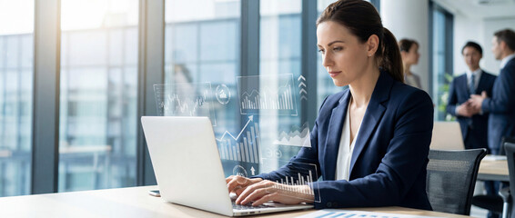 Strategic Analysis: A focused professional, immersed in the world of business and data analysis, navigates complex spreadsheets, all while colleagues collaborate in the background.