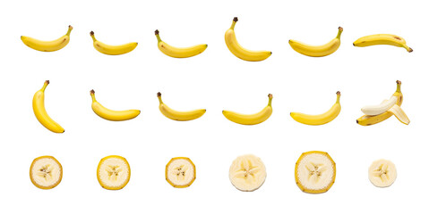Variety of bananas in different stages and cuts on white background