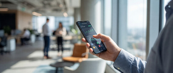 Mobile Business Insights: A person's hand intently studies a financial chart on a smartphone, within a modern office setting. Capturing the essence of digital trading and data analysis.