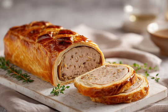 Sliced pate en croute prepared for French Easter celebration. Classic meat pastry with rich filling and decorative crust.