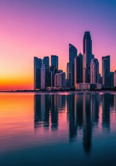 Obraz premium Vibrant coastal city skyline featuring modern high-rise towers reflected in calm bay water during the beautiful sunset hour, outdoor, residential, modern