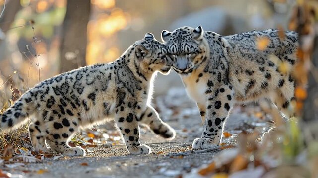 Two snow leopards interacting in a natural environment, close up shot.