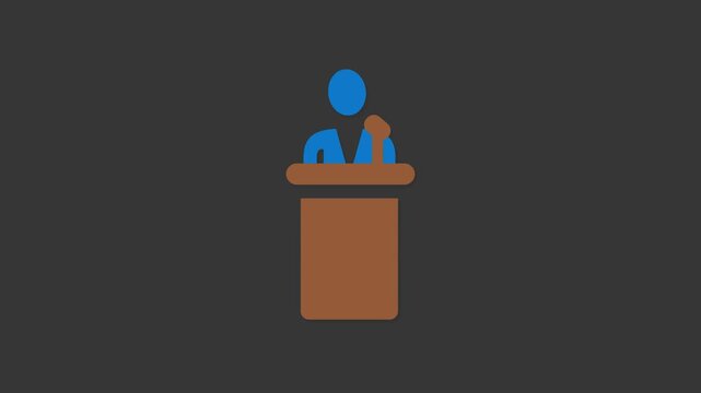 Public Speaker Icon: A stylized illustration of a speaker at a podium, set against a dark backdrop, suitable for presentations, public speaking, or communications themes.