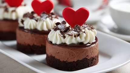 Layered chocolate mousse cakes with red heart toppers for Valentine's Day, Valentine's chocolate mousse cake featuring brownie base and cream rosettes, Romantic heart-topped chocolate layer cakes