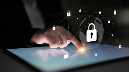 A conceptual image showcasing secure digital interaction, featuring a hand touching a touchscreen on a background of lock symbols, representing privacy and global connectivity. Gantry