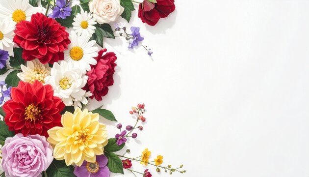 Minimalist elegant floral background with roses daisies peonies orchids hydrangea