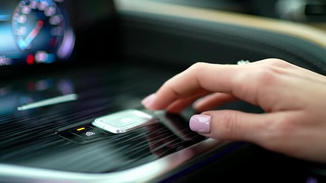 Young caucasian female hand with elegant light pink manicured nails and silver ring activates car's glowing push-button start in a luxurious, ultra-modern interior with bokeh, automotive technology