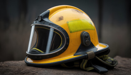 Yellow Firefighter Helmet with Protective Visor on a Rocky Surface