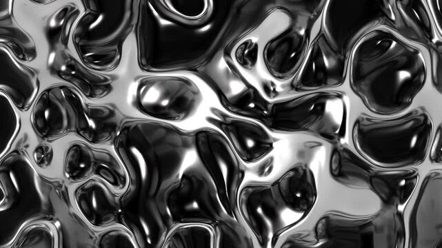 Abstract liquid metal surface with smooth organic shapes and high-gloss reflections, creating a futuristic, monochrome, and fluid metallic texture. Slow motion.
