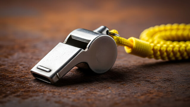 Vintage silver whistle on rusty metallic background. Referee trainer sport competition tool instrument, start finish stopping game and attention moments equipment. Close-up photo.