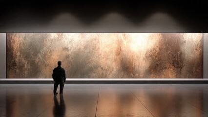 Contemplation in the Gallery: A solitary figure stands before a captivating artwork, enveloped in the hushed ambiance of an art gallery, pondering its depths. 
