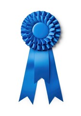 Bright blue award ribbon rosette, a symbol of success, achievement, and winning, isolated on a white background, ready for congratulations, top, decoration, quality