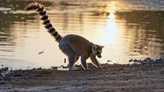 Ring-tailed lemur walking near water at sunset, wildlife scene.
