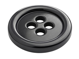 Shiny metal button with four holes on black background