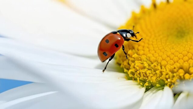 Ladybug on a White Daisy Flower in Bright Sunlight.