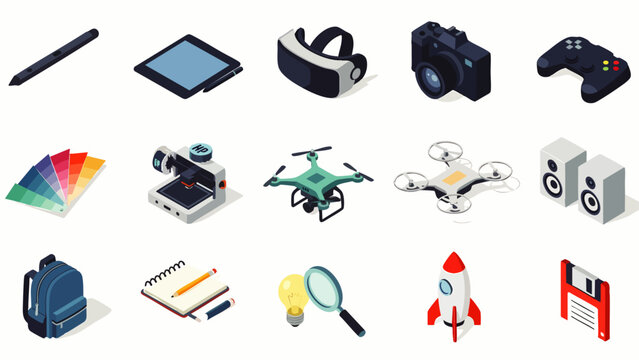 Isometric collection of modern technology, creative tools, digital devices, and everyday objects icons. Vector illustration for design, innovation, and education.
