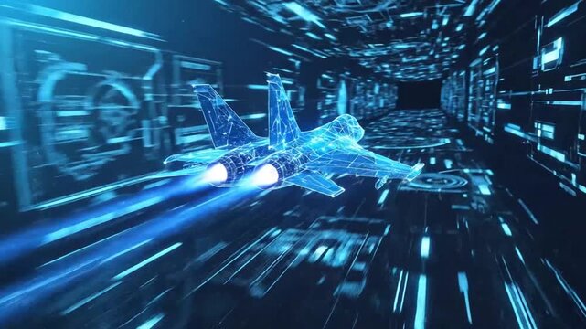 Futuristic Jet Fighter in Digital Blue Space, Technology Concept