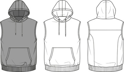 Sleeveless hoodie technical fashion illustration, front and back view, kangaroo pocket, vector flat sketch, grey color, sportswear apparel design template, hooded vest mockup.