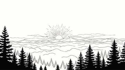 Vintage style black and white illustration of a serene mountain landscape with a pine forest silhouette and a radiant sun rising or setting over the horizon, perfect for outdoor themes. © Indhgraphy Visual