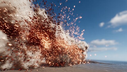 Explosion on the Coastline: Witness the raw power of nature as a powerful explosion erupts along a tranquil coastline. A stunning scene of fiery force and cloud.