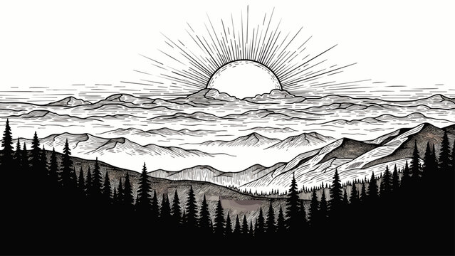 Dramatic hand-drawn black and white mountain landscape illustration with a radiant sun over misty peaks and a dense pine forest silhouette, evoking serene wilderness.