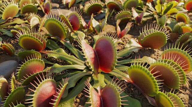 Cluster of Venus Flytraps Growing Outdoors in Sunny Environment
