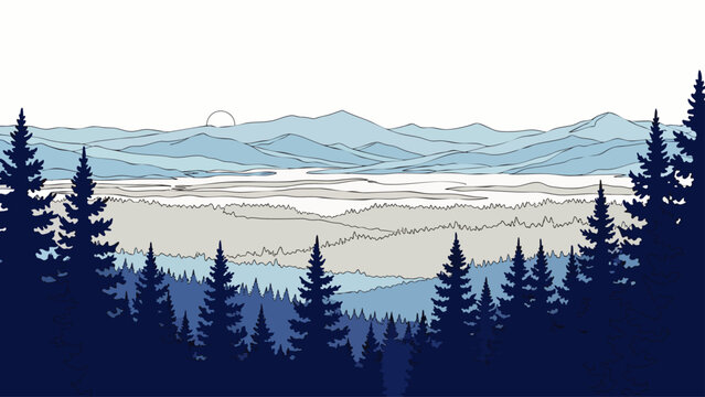 Vast stylized mountain landscape vector illustration with layered pine forests, a calm lake, and distant peaks under a clear sky, representing nature's beauty.