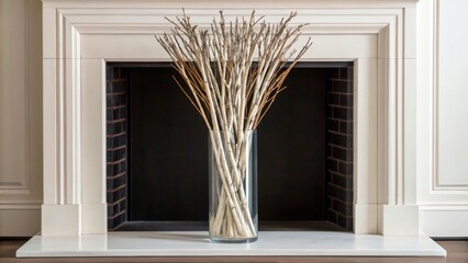 Decorative arrangement of branches in glass vase placed in empty fireplace area