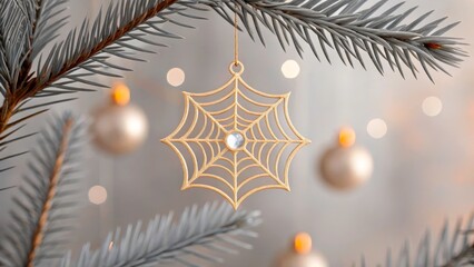 Golden spider web ornament hangs on a Christmas tree branch with blurred background lights